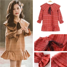 Г., весеннее плиссированное платье для маленьких девочек, платье-рубашка в клетку с длинными рукавами плиссированная Корейская одежда для подростков 9, 10, 11, 12, 13, 14 лет