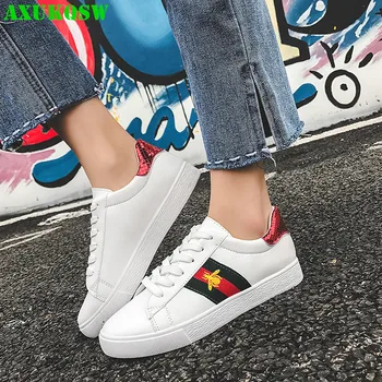 

2020 Autumn Fashion White Lace Up Casual Shoes Girl Sneakers Brand Shoe All-match Bee Embroidered Breathable Running Shoes 36-40