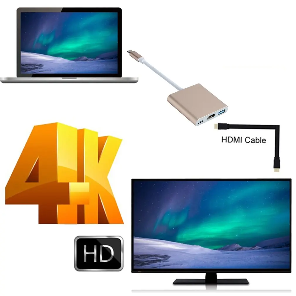 Многоцелевой Тип мини-C отложным воротником Hdmi «Три в одном» Тип-C отложным воротником Usb Тип с разъемами типа C и Hdmi конвертер USB Интерфейс для Apple Macbook