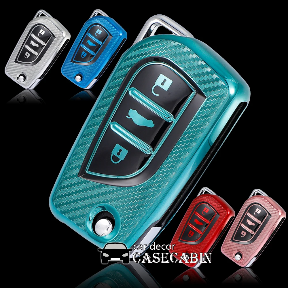 

Soft TPU Full Sealed Carbon Fiber pattern Case Cover fit for Toyota Corolla RAV4 Camry Highlander Reiz Remotes Fob Key A13