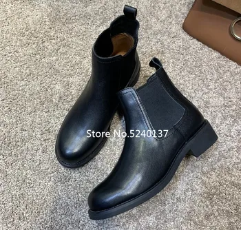 

Short Chelsea Boots Woman Black Genuine Leather Ankle Boots Flat Slip-on Spring/Autumn Boots