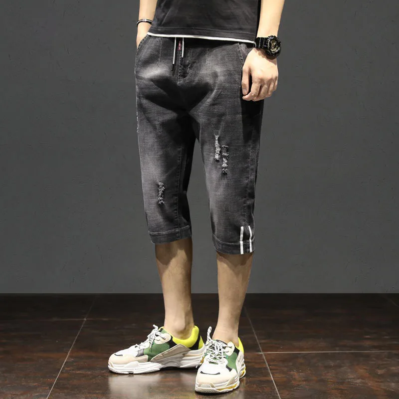 Summer Mens Streetwear Fashion Casual Straight Denim Shorts Loose Ripped Pants Drawstring Breeches Cowboy Cropped Jeans