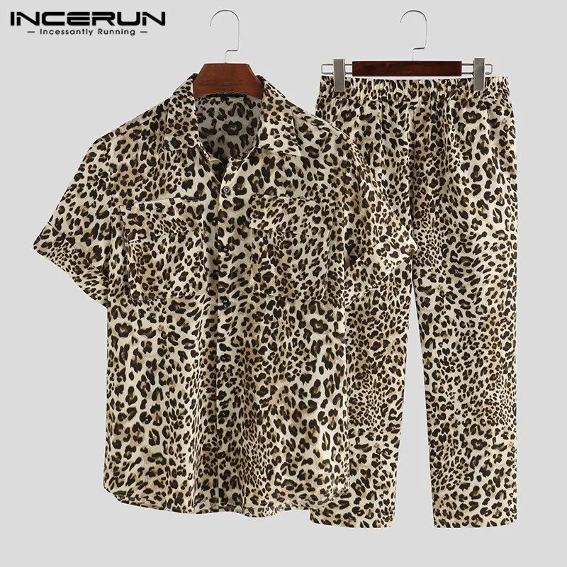 INCERUN Fashion Leopard Print Men Sets Short Sleeve Shirts Pants Streetwear Casual Party Chic Pockets 2020 Men Suit 2 Pieces Set INCERUN Fashion Leopard Print Men Sets Short Sleeve Shirts Pants Streetwear Casual Party Chic Pockets 2020 Men Suit 2 Pieces Set