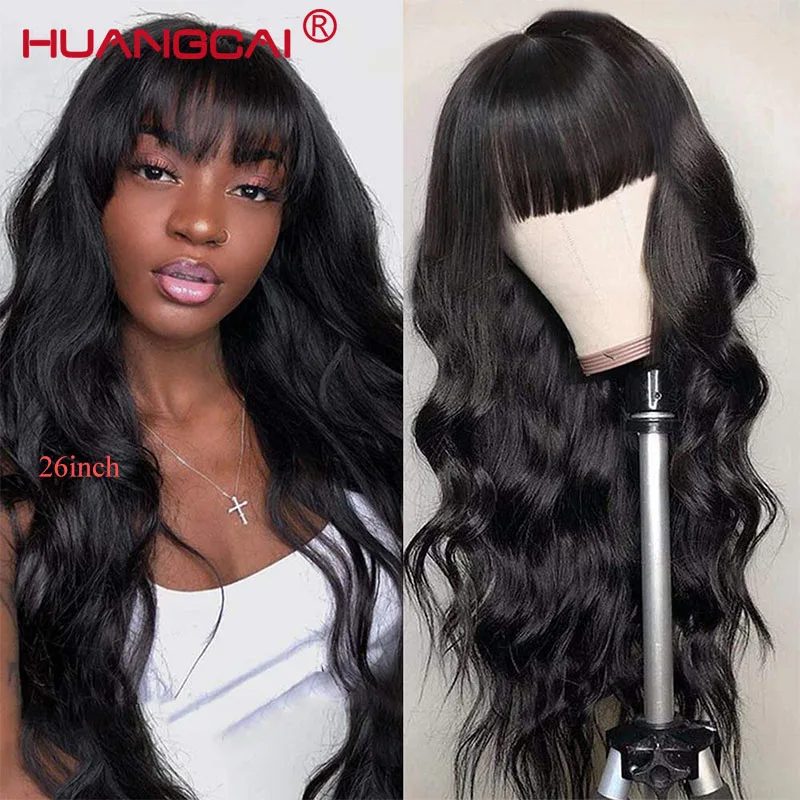 

26 Inch Body Wave Human Hair Wig With Bangs 150% Brazilian Full Machine Made Lace Wig Pre Plucked With Bang Natural Remy Human H