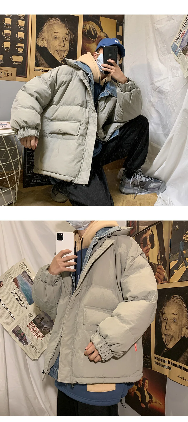 LT Studios Men's Winter Warm Jackets Parkas Denim Patchwork Fake Two Peices Thicken Coats Korean Style Man Casual Jackets Tops