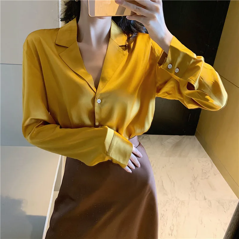 

Free shipping Fall chic mango yellow suit collar shirt with long sleeves and high-waisted silk half skirt a-line skirt