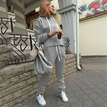 

2pcs set Women's Loose Casual Hooded Tracksuit Hoodies Pullover Sweatshirt + Drawstring Long Pants 2Pcs Sets Sport Wear Outfits