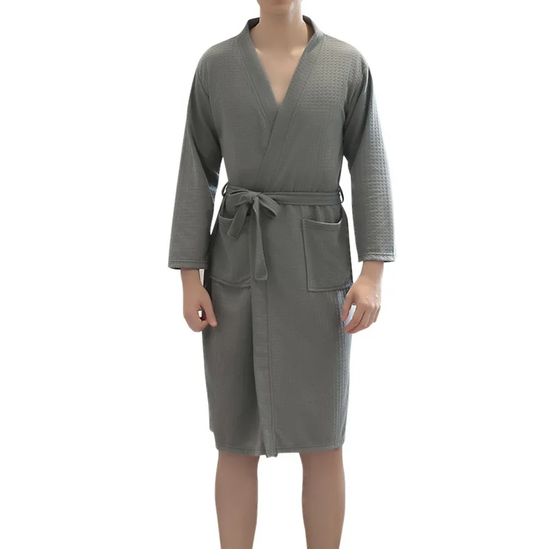 CYSINCOS халат Мягкий впитывающий легкий длинный однотонный цветное кимоно вафельный спа Халат одежда для отдыха для мужчин одежда - Цвет: Gray