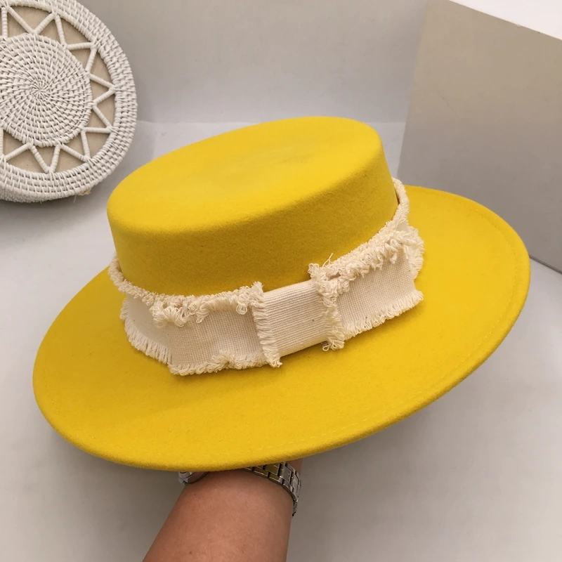 

New winter cloth homburg yellow female party travel boom by flat-topped hat British socialite hat