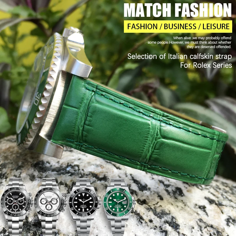 SCHIK Genuine Leather Watchband 20mm for Rolex Yatch Master Submariner Daytona Black Green Alligator Pattern Watch Strap