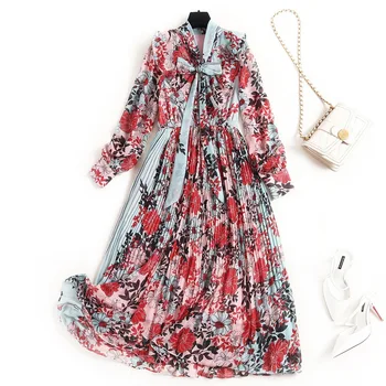 

Bohemian Pleated Dress Mid-Calf Bow Spring Vestidos De Moda 2020 Primavera Robes Elegant Ete Elegancka Suknia print