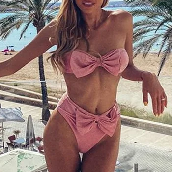 

Mossha High waist bikinis 2020 mujer Pink bow swimwear women High cut swimsuit female Extreme bathers bathing suit biquini new