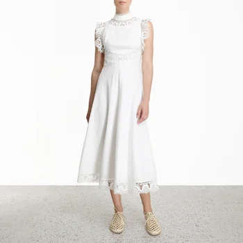 

2020 new spring and summer fashion women clothes lace hollow out turtleneck sleeveless high waist long dress