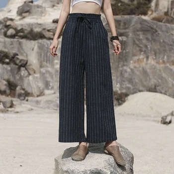 

NINI WONDERLAND Spring Summer Striped Pants For Woman Cotton Linen High Waist Pants 2020 Vintage Trousers Female Retro Clothes