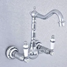 

Silver Polished Chrome Brass Wall Mounted Double Ceramic Handles Base Bathroom Kitchen Sink Faucet Mixer Tap Swivel Spout asf550