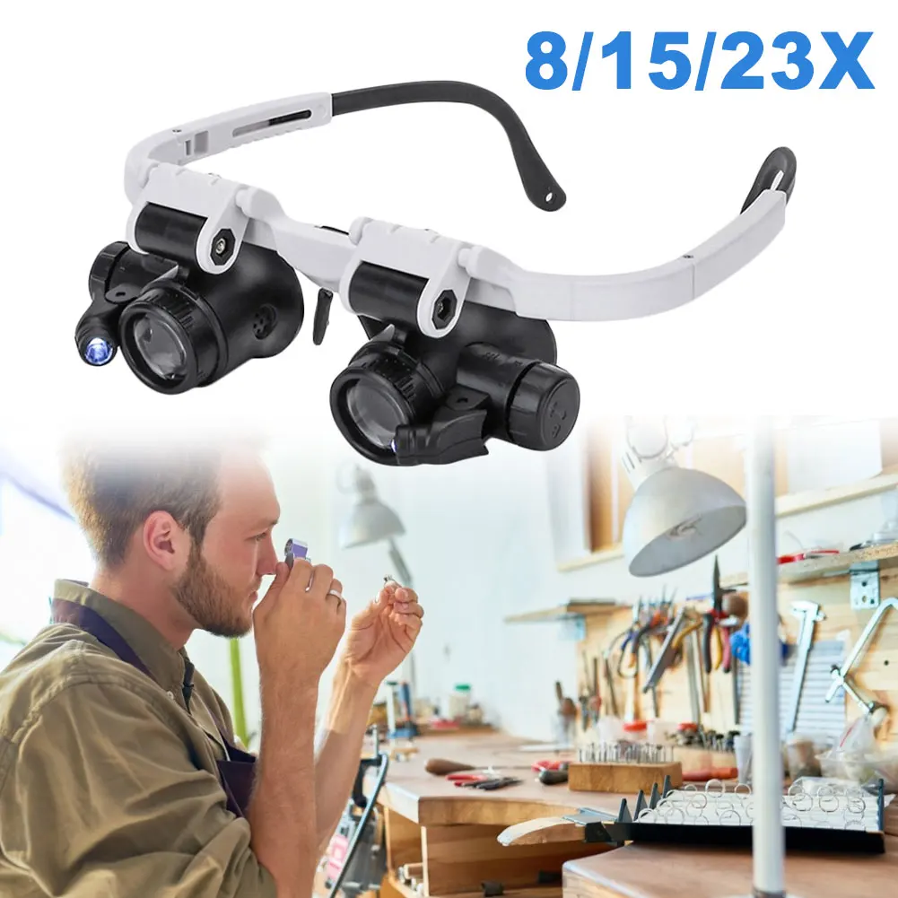 Magnifying Glass Tool Head-wearing Glasses Magnifying Glass LED Light Jeweler Loupe 8X/15X/23X Welding Soldering Tools 1*LED Magnifier