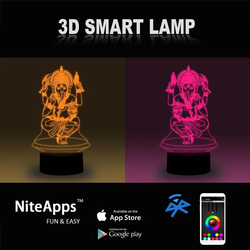 NiteApps 3D Ganesha ночник настольная лампа Иллюзия украшение лампа подарок на день рождения приложение/сенсорное управление