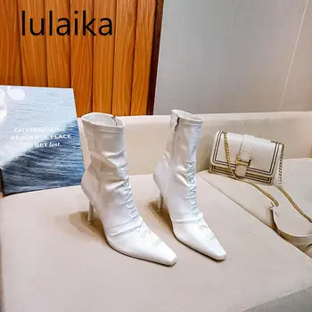 

Fashion Pleated Silk Women Ankle Boots Sexy Pointed Toe Stiletto Heels Female Zip Elegant Booties Party Shoes Pumps