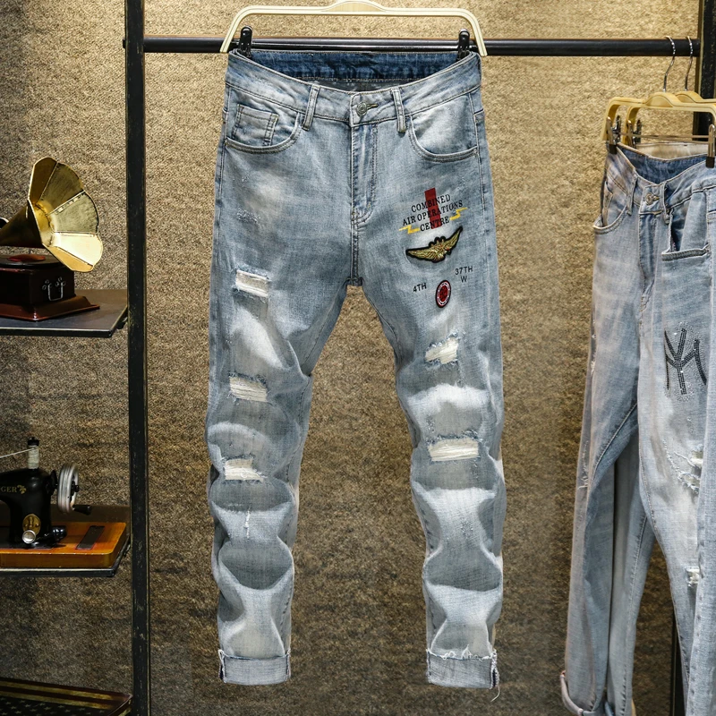 Hot Product new casual slim elastic blue jeans men ,men's pencil pants skinny jeans men Slim Fit Straight Ripped Distressed Pleated Cotton