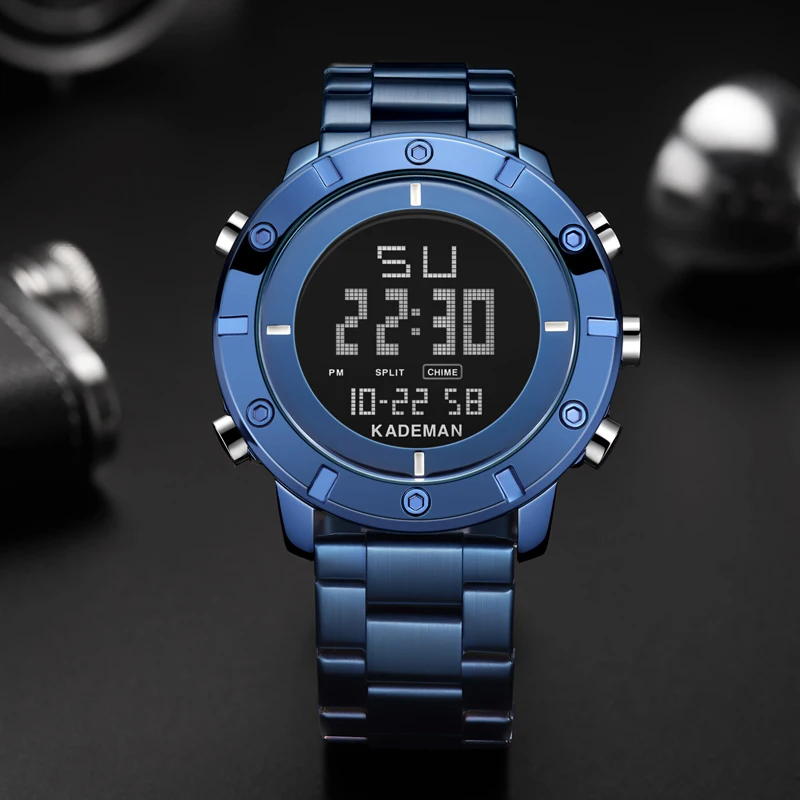 Топ люксовый бренд Kademan новые мужские спортивные часы полный стальной ремешок светодиодный двойной дисплей Модные кварцевые наручные часы водонепроницаемые K9151G