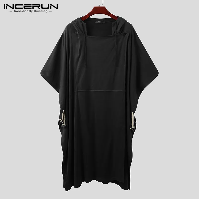 INCERUN-gabardina con capucha Lisa para hombre, Poncho suelto sin mangas, estilo coreano, abrigo largo holgado con botones, ropa de calle de talla grande