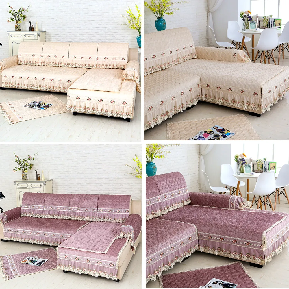 

High-end luxury Chenille quilted sofa covers for living room Purple beige Comfort plus thick velvet non-slip couch cover sets