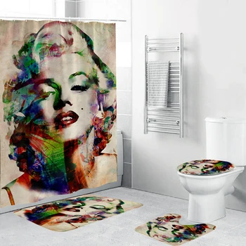 

Shower curtain set 4 pieces Restroom Partition curtain carpet Toilet mat Plant pattern HD printing Anti-mildew shower curtain