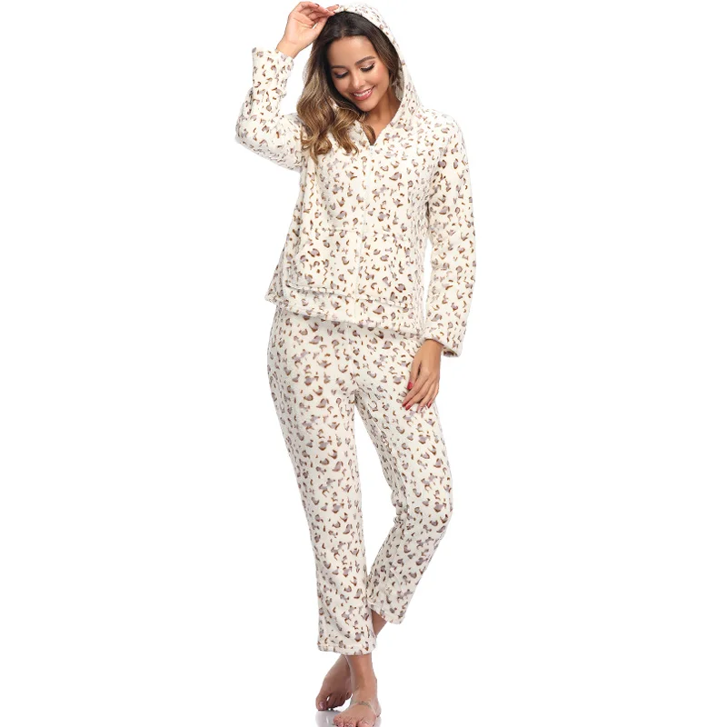 Женские осенние флисовые пижамные комплекты, пижамы одного размера для девочек, костюмы из двух предметов, теплые пижамы для девочек с верхом и низом