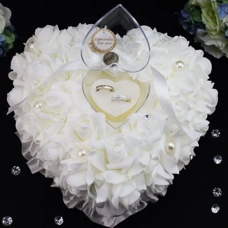 

1Pcs Jewelry Case Heart-shape Rose Flowers Ring Box Romantic Wedding Ring Bearer Pillow Cushion Holder Valentine's Day Gift 2021