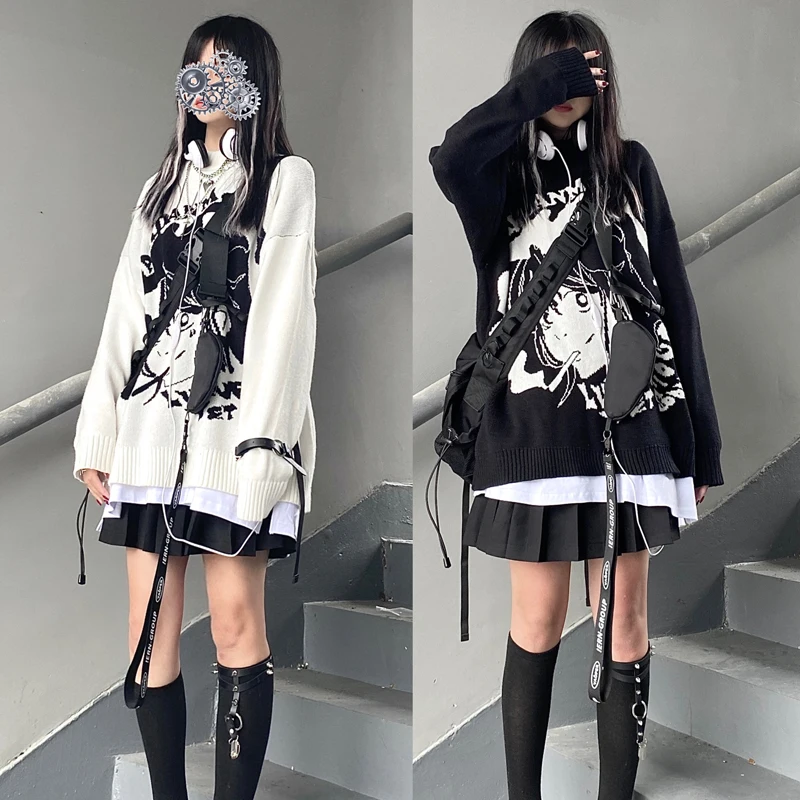 

Second element Anime sweater cosplay costumes Dark personality sweater Student wild Loose coat Fashion black withe Couple suits