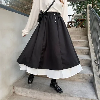 

High Waist Skirts Women Black Casual Long Skirt New 2020 Fashion Korean Preppy Style Patchwork A-line Harajuku Skirts P518