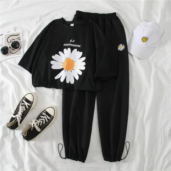 

Summer Fashion Pant Set Women Casual Two Pieces Set Black Daisy Pattern Loose T-shirt + High Waist Harem Pant Matching Set