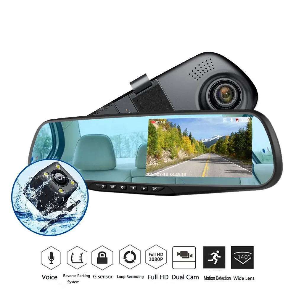 

4.3 Inch 1080P Car Rearview Mirror Car Driving Video Recorder Camera Car Reverse Image Dual Lens Dash Cam Full HD 1080p