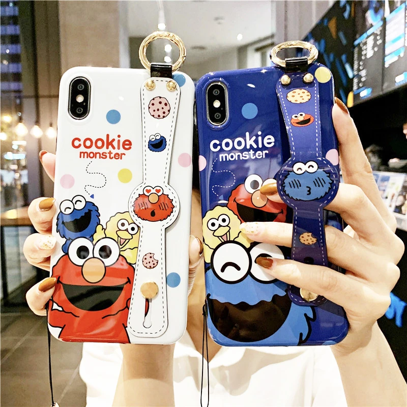 

Cookie Monster Case for iPhone 11 Pro XS Max XR X Cartoon Cute Wrist Strap Silicone Phone Cover for iPhone 7 8 6 6S Plus Case