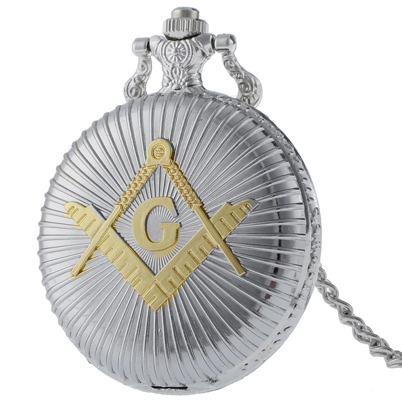 

IBEINA Cool Silver & Golden Masonic Freemason Freemasonry Theme Alloy Quartz Fob Pocket Watch With Necklace Chain