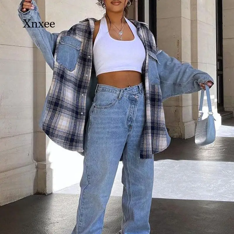 

Новая повседневная джинсовая куртка с отложным воротником, джинсовая куртка с карманами в клетку, с прострочкой