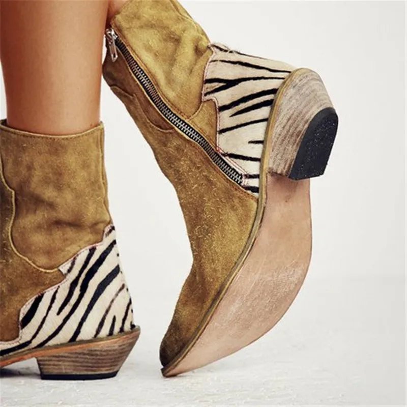 Boots Women Zebra Pattern Ankle Boots Winter Flock Square Heel Pointed Toe Botas Mujer Female Zebra Zip Sexy Ankle
