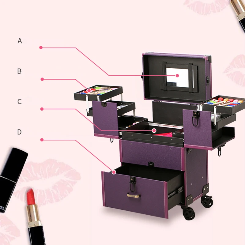 High Quality Cosmetic Case Women Men Nails Makeup Toolbox Rolling Luggage Trolley Beauty Tattoo Suitcases