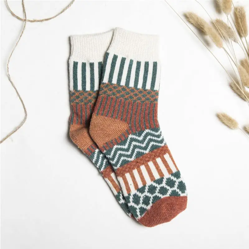5 Pair Women Girl Socks Soft Wool Warm Winter Thick Geometry Printing Comfortabe
