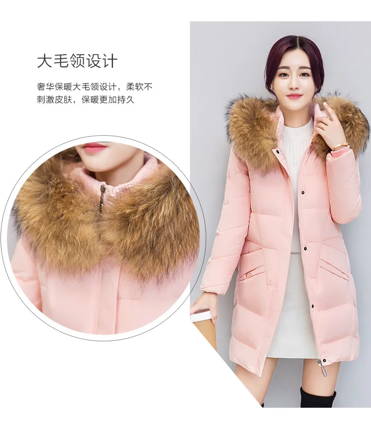 Winter Style down Jacket Women's Mid-length White Duck down Korean-style Slimming Cocoon Thick Large Size Dress Fur Collar