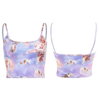 

Women Women Summer Sexy Spaghetti Strap Crop Top Colored Angel Love Cupid Digital Printing Camisole Backless Deep Scoop Neck