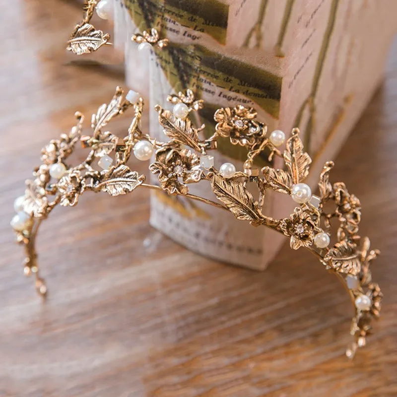 Винтажная свадебная тиара в стиле барокко с золотыми жемчужинами и листьями, Хрустальная корона, ободок для волос, свадебные аксессуары для волос, повязка на голову для невесты - Окраска металла: Style A