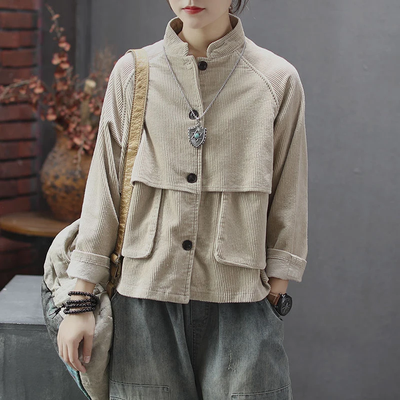 buy  New Arrival Autumn Arts Style Women Stand Collar Long Sleeve Jackets Double Pocket Loose Corduroy V