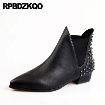 

British Chunky Stud Booties Chelsea Pointed Toe High Heel European Metal Ankle Designer Shoes Women Luxury 2019 Rivet Fur Block