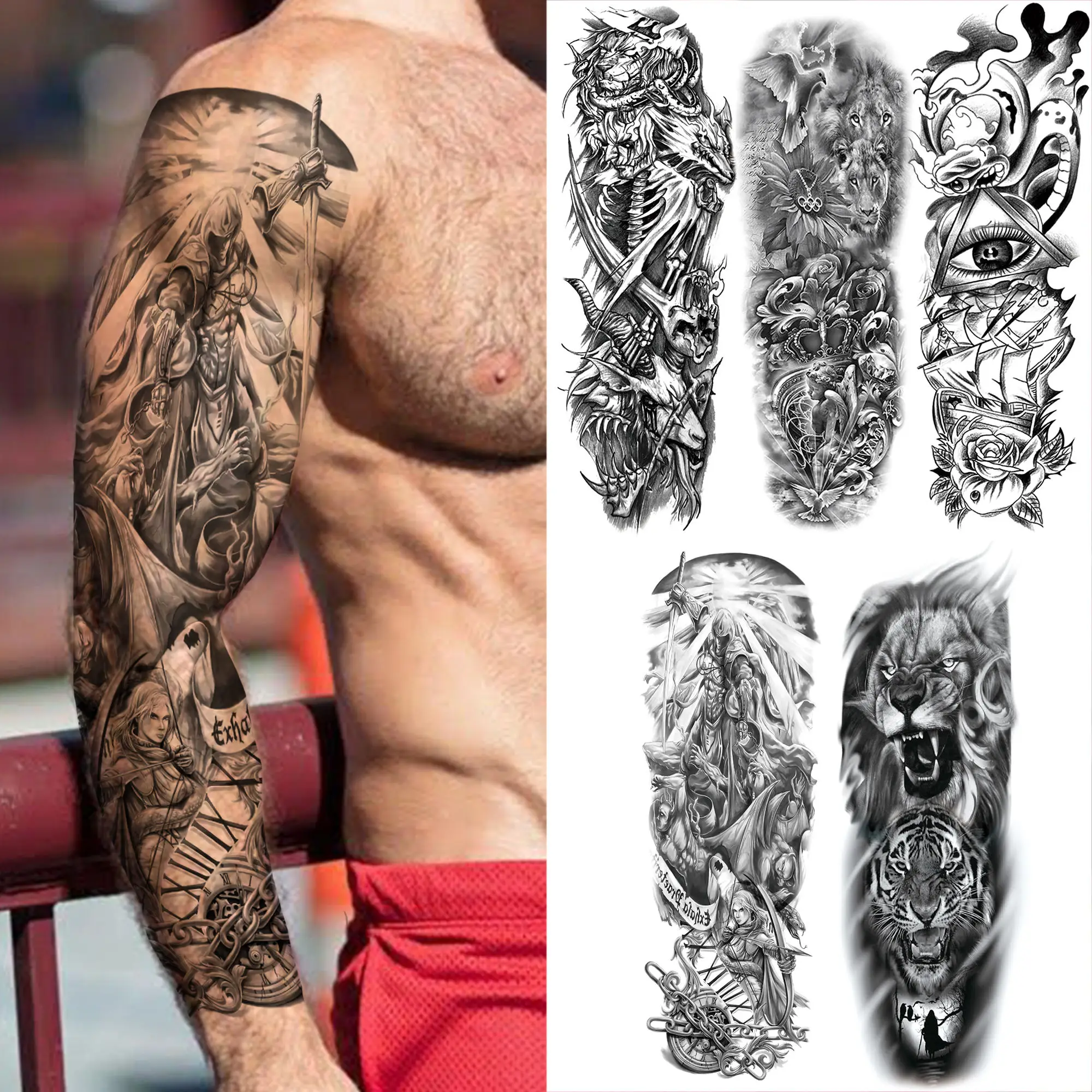 

Полная рука воина, временная татуировка рукав для мужчин, женщин, мужчин, скелет, голубь, ангел, Лев, тигр, поддельные татуировки, глаза дьявола, большая наклейка с татуировкой