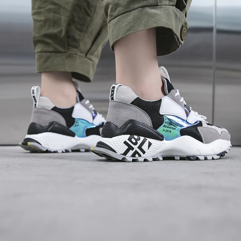

2019 Autumn High Quality Genuine Leather Women's Wedge Platform Sneakers Mixed Colors Chunky Sneakers Lace-up Retro Dad Shoes