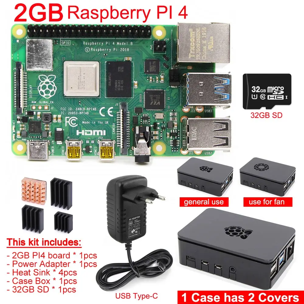 Оригинальная модель Raspberry Pi 4B PI 4B 1 ГБ/2 ГБ/4 Гб комплект: плата+ теплоотвод+ адаптер питания+ чехол+ 32 Гб SD+ HDMI кабель - Комплект: 2GB kit 2