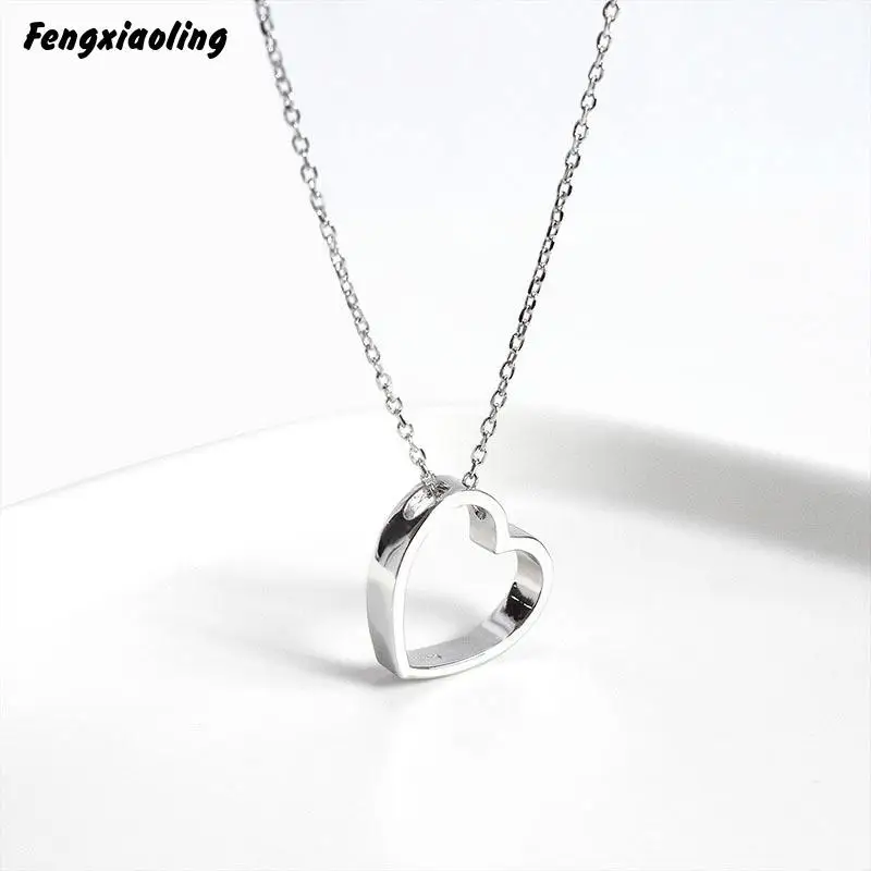 

Fengxiaoling 100% Real 925 Sterling Silver Simple Tridimensional Heart Pendant Necklaces For Women Fine Jewelry Cute Accessories