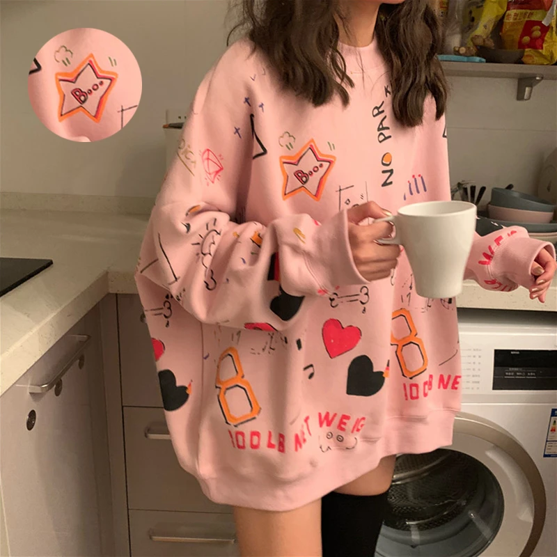 Harajuku Модные женские толстовки, уютные свитшоты с длинным рукавом, джемперы на осень и зиму с круглым вырезом, Свободные повседневные пуловеры, топы
