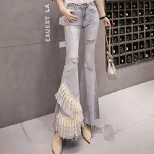 Джинсы с высокой талией женские осенние новые модное с кружевной вышивкой обтягивающие рваные расклешенные джинсы